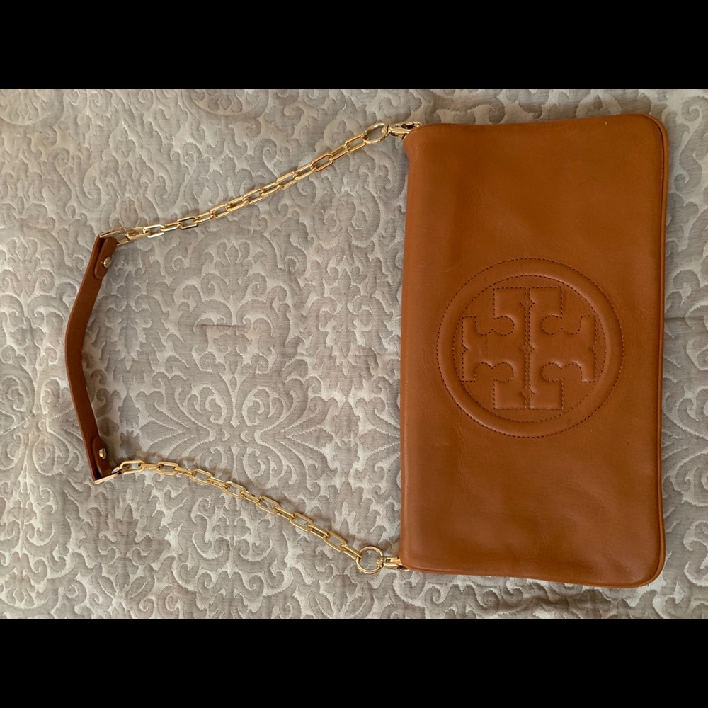 Tory Burch Tan Reva Clutch with Gold Chain